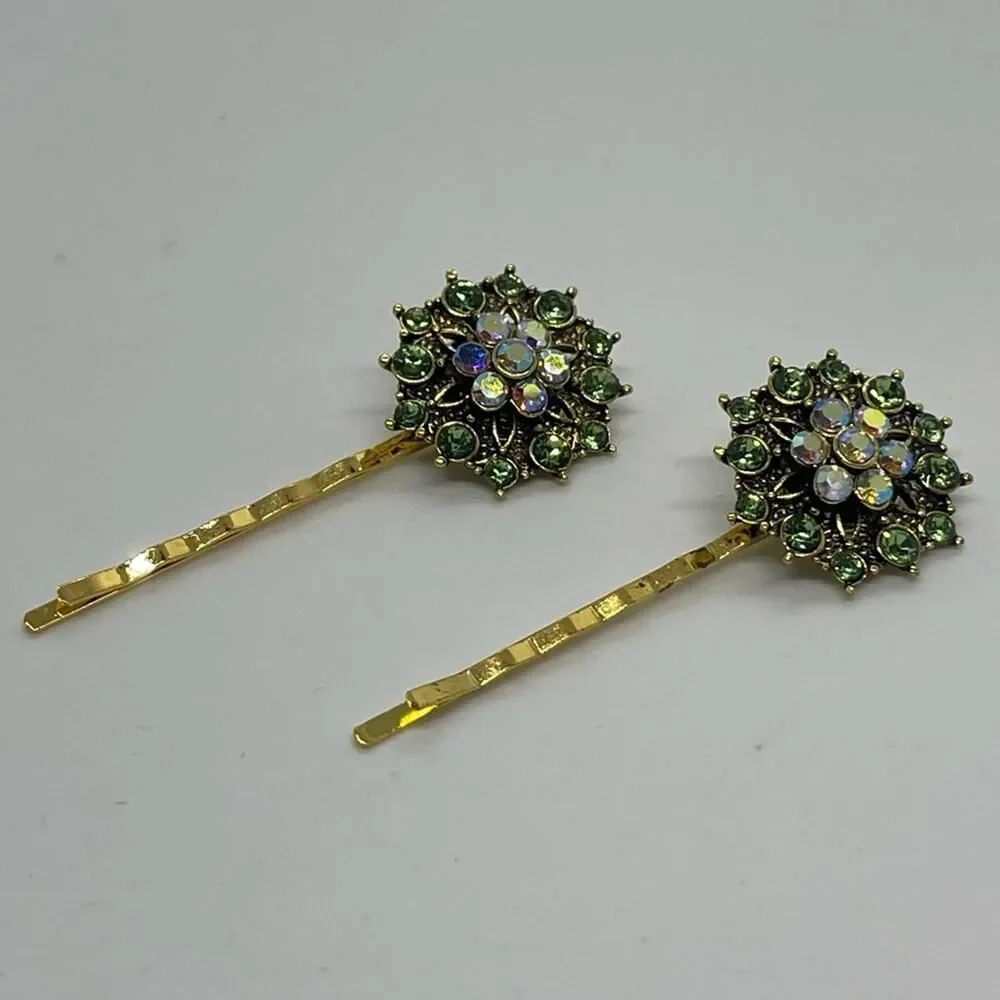 Handmade Green Iridescent Rhinestone Gold Set Hair Clips HoCo Fairy Jewelry NWT